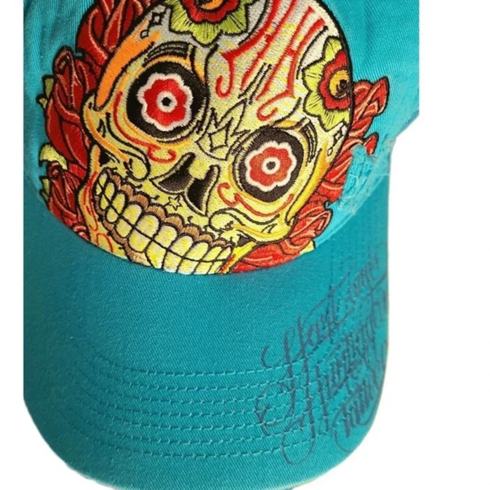 Hart & Huntington Cap Skull Rose Turquoise Blue Snapback Trucker Hat vintage